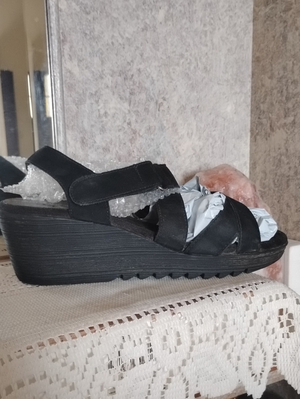 AEROSOLES Black Suede Wedge Sandals with Hook-and-Loop Strap